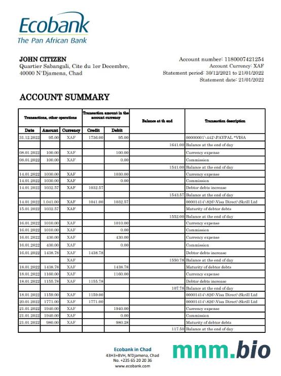 Wyciąg bankowy Chad Ecobank Excel i szablon PDF, całkowicie edytowalny (AutoSum)